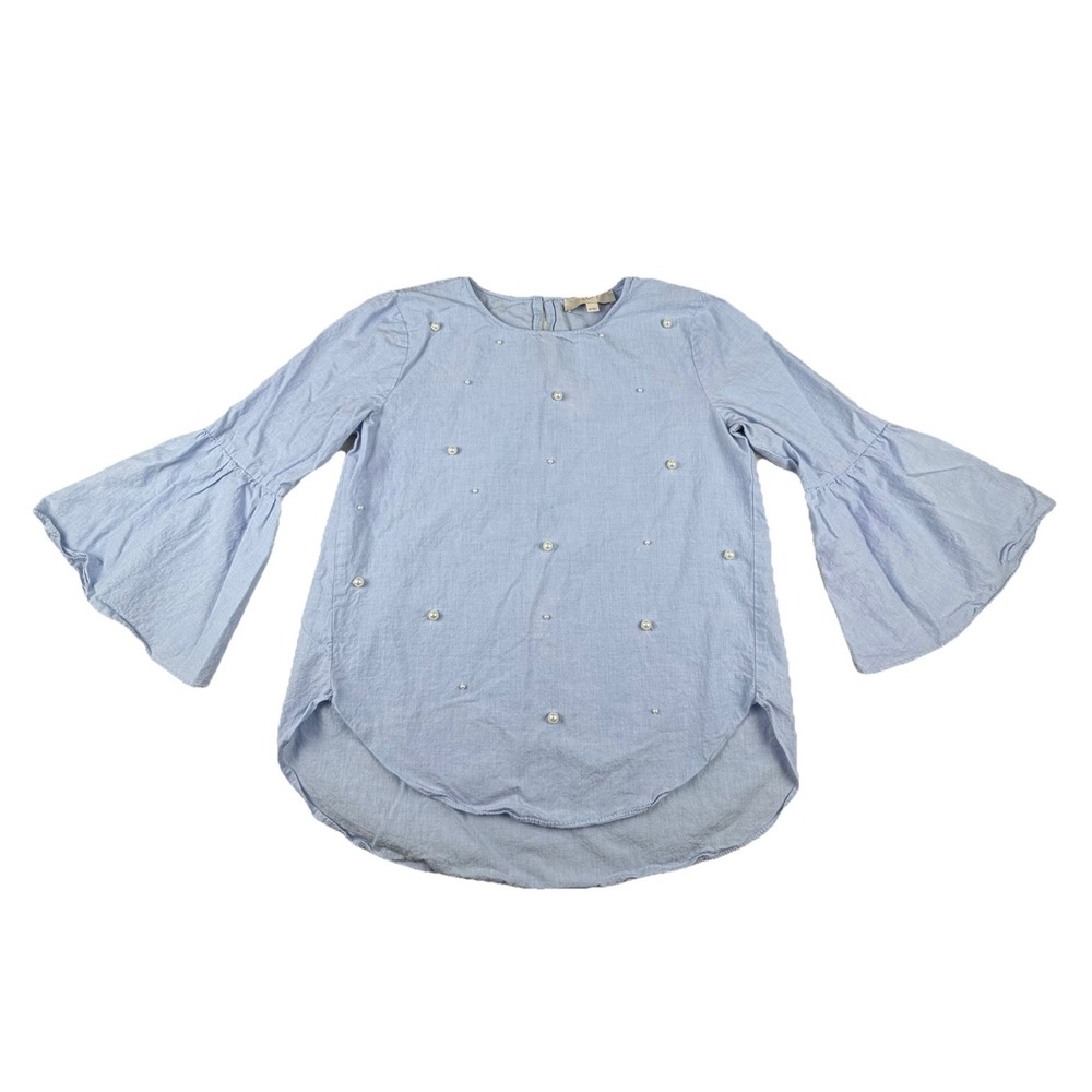 LOFT Pearlized Bell Sleeve Shirt Size XS Light Blue Blouse TopTunic High Low Hem
